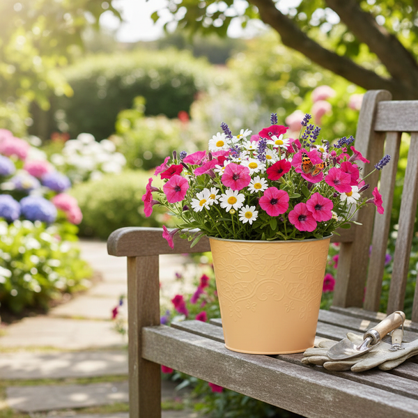 Dekorativer Blumentopf mit Sommerblumen wie Petunien und Gänseblümchen auf einer Gartenbank aus Holz neben Gartenhandschuhen und einer Pflanzkelle.
