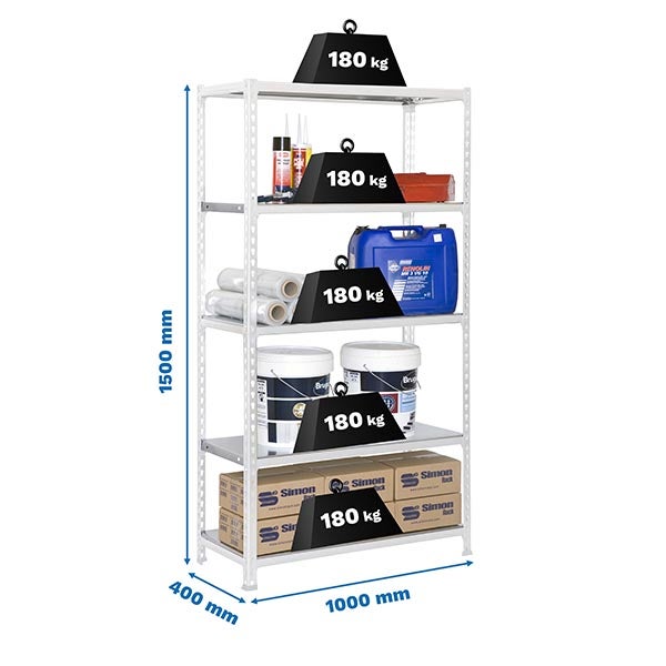 PROREGAL Schwerlastregal Metal Shark HxBxT 180 x 90 x 40 cm Fachlast 180 kg Weiß-Verzinkt