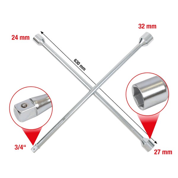 Kreuzschlüssel mit den Größen 24 mm, 27 mm und 32 mm sowie 3/4-Zoll-Antrieb, Länge 630 mm
