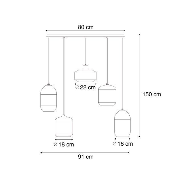 Abmessungen einer Pendelleuchte mit fünf Leuchten, 150 cm hoch und 91 cm breit
