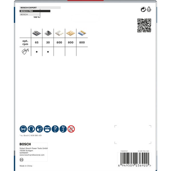 Bosch Expert Produktverpackungsaufdruck mit Informationen zu Drehzahlen und Materialien