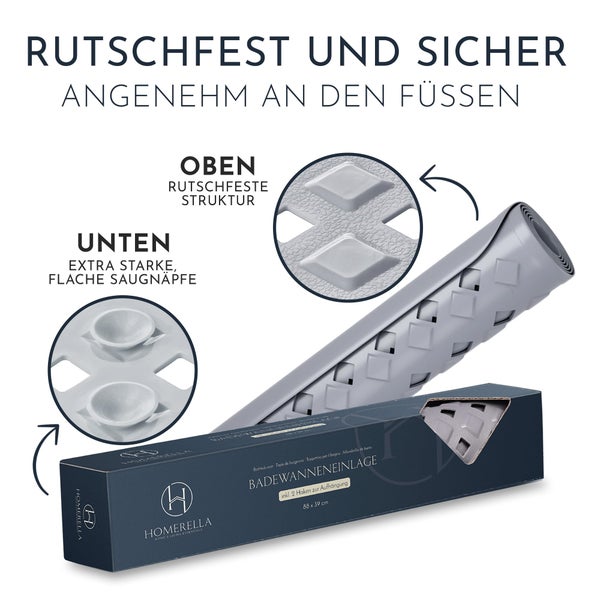 Homerella Badewannenmatte rutschfest Hautsensitiv 88x39cm, INKL. AUFHÄNGUNG | Antirutschmatte Badewanne BPA frei | Duschmatte schimmelresistent & maschinenwaschbar | Badematte rutschfest