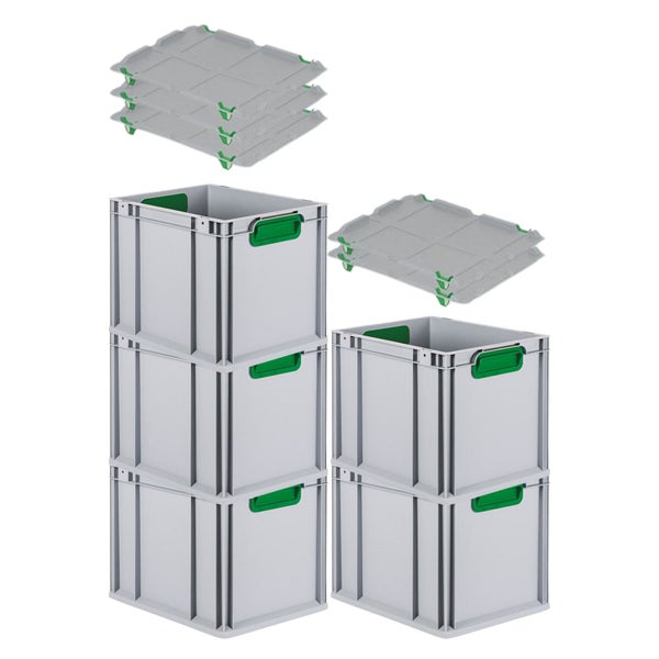 PROREGAL Spar Set 5x Eurobox Nextgen Color Mit Auflagedeckel & Schiebeschnappverschlüsse HxBxT 32 x 30 x 40 cm Griffe Grün Geschlossen Glatter Boden