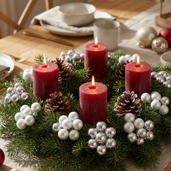 Adventskranz mit vier brennenden Stumpenkerzen, Tannenzweigen, Zapfen und weihnachtlicher Dekoration als Tischdekoration.