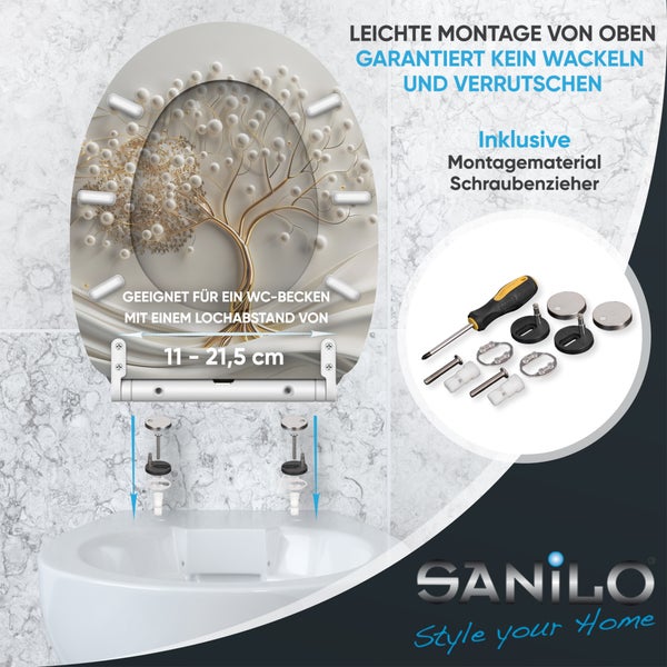 Sanilo WC-Sitz mit Absenkautomatik, inklusive Montagematerial und Schraubenzieher, passend für ein WC-Becken mit einem Lochabstand von 11 bis 21,5 cm