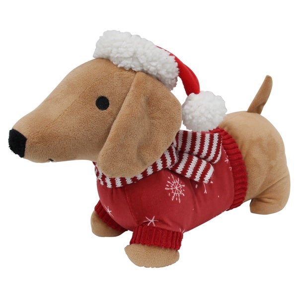 Stofftier Dackel mit Weihnachtsmütze und Schal als Weihnachtsdekoration
