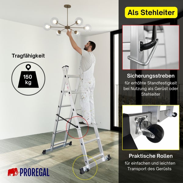 Proregal Aluminium-Multifunktionsleiter als Stehleiter. Proregal Logo. 150 Kilogramm Tragkraft, Sicherungsstreben und Rollen.