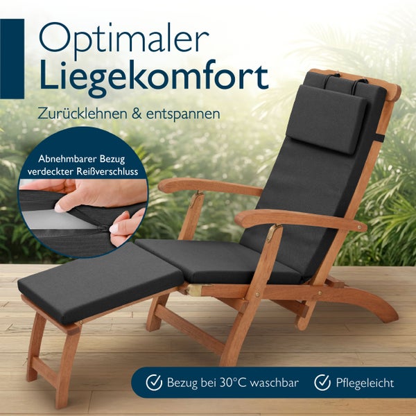 Hölzerne Gartenliege mit grauen Polstern, Kopfstütze und Fußablage. Bezug mit Reißverschluss, abnehmbar und bei 30 Grad waschbar.