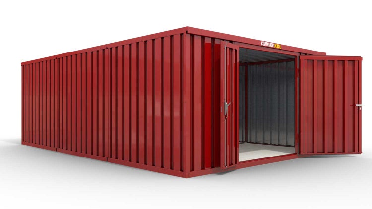Lagercontainer Gerätehaus L3  – 25 qm, H2150 x B4050 x T6520 mm, Außenwandlackierung RAL 3000 feuerrot, Dach außen verzinkt, mit Holzfußboden, 1830 mm Doppelflügeltür mittig in Stirnseite, montiert