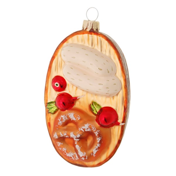 Multicolor 10cm Weißwurst mit Bretzl, Glasornament, mundgeblasen und handdekoriert, 1 Stck., Weihnachtsbaumkugeln, Christbaumschmuck, Weihnachtsbaumanhänger