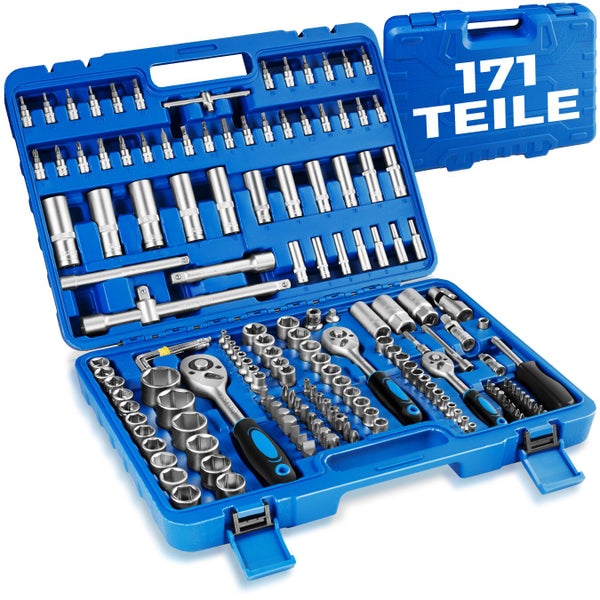 Werkzeugkoffer mit 171 Teilen, inklusive Steckschlüsselsatz, Schraubendreher und Zubehör