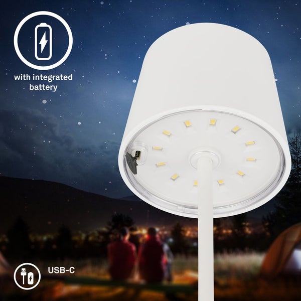 LED-Tischlampe mit integriertem Akku und USB-C-Anschluss, Unterseite des weißen Schirms mit LED-Modulen.