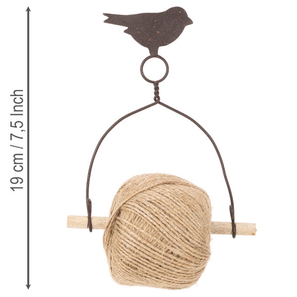 Dekorativer Bindefadenhalter aus Metall mit Vogelsilhouette und einer Rolle Juteschnur auf einem Holzstab, Höhe 19 Zentimeter.