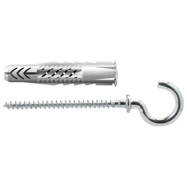 fischer DuoPower Dübel und Metallhaken zur Wandbefestigung.