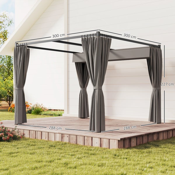 Pavillon mit grauen Vorhängen auf Holzterrasse. Maße: 300 mal 300 Zentimeter, Höhe 227 Zentimeter, Innenmaße 288 mal 288 Zentimeter.