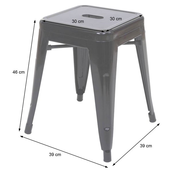 Metallhocker mit den Maßen 46 cm Höhe, 30 cm Sitzfläche und 39 cm Beinabstand.