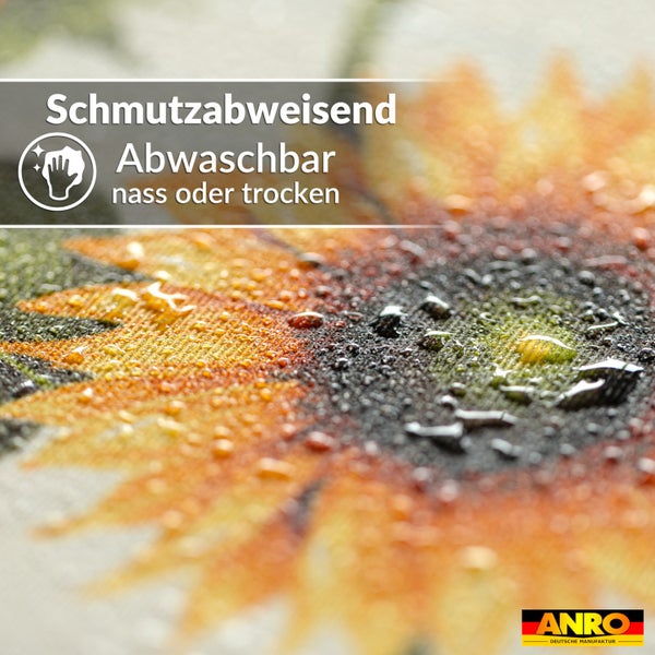 Schmutzabweisendes und nass oder trocken abwaschbares Material mit Sonnenblumenmuster und Wassertropfen. ANRO Logo.