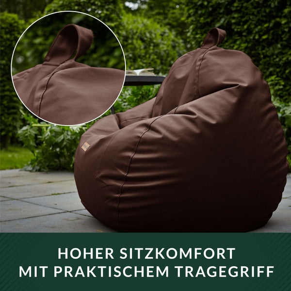 Green Bean Sitzsack aus Kunstleder mit EPS Perlen Füllung - 90 x 70 cm - Bean Bag Sitzkissen Sitzpuff Sitzsessel Bodenkissen Lounge - Dunkelbraun