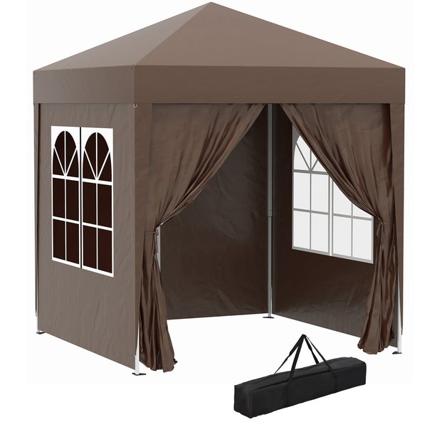 Outsunny Pavillon 2x2m Wasserdicht, Pop-up Faltpavillon mit 4 Seitenwänden, Abflusslöcher Fenster, faltbar Partyzelt UV 30+, Gartenzelt mit Tragetasche, Gartenpavillon für Terrasse, Braun