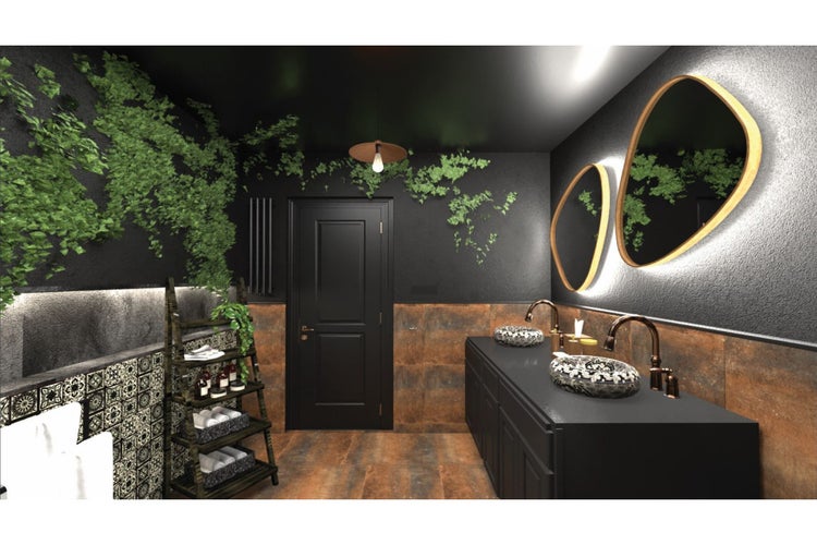 Badezimmer mit Doppelwaschbecken, Spiegeln, Leiterregal und Pflanzen