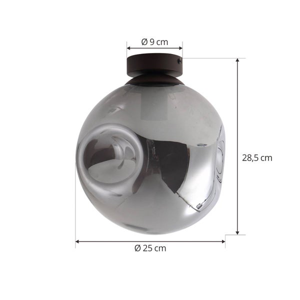 Deckenleuchte aus verspiegeltem Glas mit Maßen: Höhe 28,5 Zentimeter, Durchmesser 25 Zentimeter, Baldachin Durchmesser 9 Zentimeter.