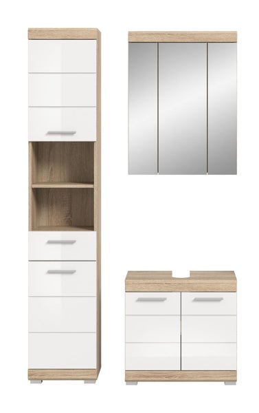 Dreiteiliges Badezimmermöbel-Set bestehend aus Hochschrank, Spiegelschrank und Waschbeckenunterschrank in Weiß Hochglanz und Holzoptik.
