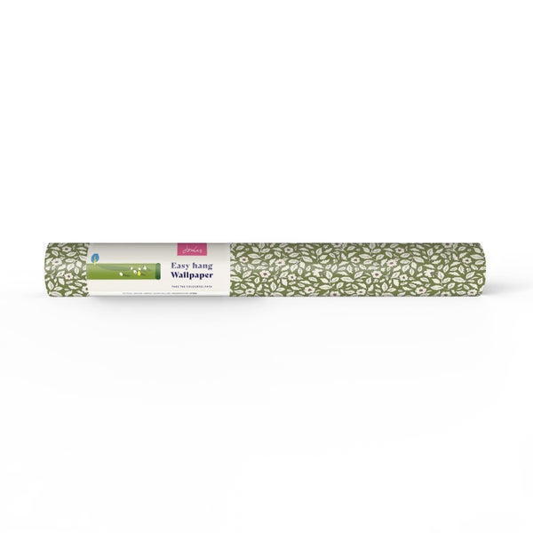 Rolle Vliestapete mit floralem Blättermuster und Joules Logo.