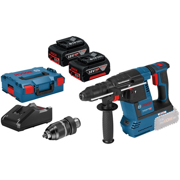 Bosch Akku Bohrhammer mit zwei Akkus, Ladegerät, Bohrfutter und Transportkoffer