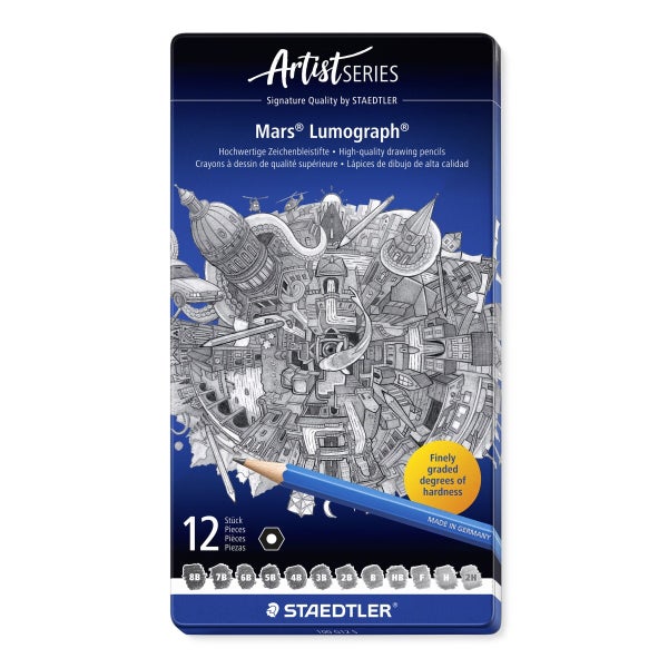 Staedtler Mars Lumograph Zeichenbleistifte, 12er-Set in Metalletui, verschiedene Härtegrade von 8B bis 2H