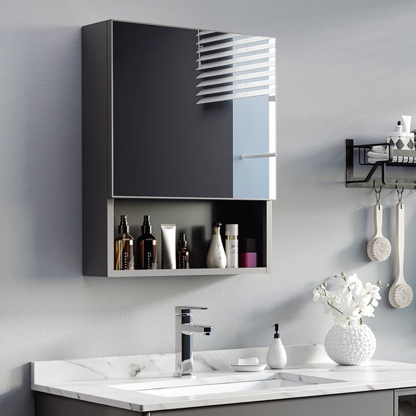 kleankin, Spiegelschrank, Badezimmerschrank, 46L x 13,5B x 58H cm, Edelstahl, Glas, Schwarz