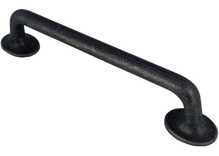 Ein rustikaler Stangengriff für Möbel aus Metall mit runden Befestigungspunkten für Schubladen oder Schranktüren.