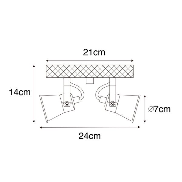 Technische Zeichnung einer Deckenleuchte mit zwei Strahlern und Maßangaben