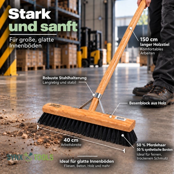 Industriebesen mit Holzstiel, 40 Zentimeter Arbeitsbreite und einer Mischung aus Pferdehaar und synthetischen Borsten für glatte Innenböden.