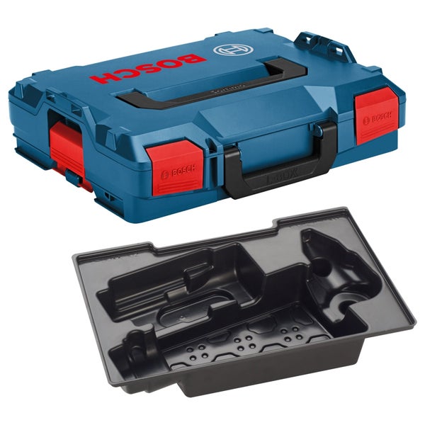 Bosch L-Boxx Werkzeugkoffer mit roten Schnappverschlüssen, schwarzen Tragegriffen und einer schwarzen Kunststoffeinlage.