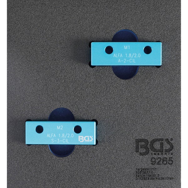 Zwei blaue Nockenwellen-Arretierwerkzeuge für Alfa Romeo 1.8 und 2.0 Motoren in einer Schaumstoffeinlage mit BGS technic Logo.