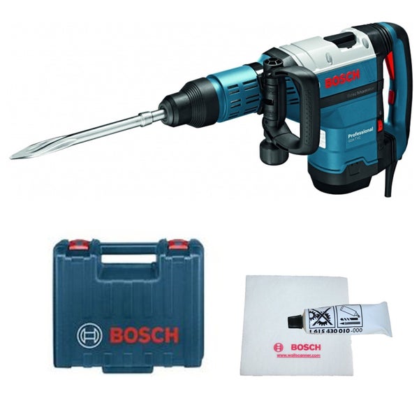 Bosch Professional Abbruchhammer GSH 7 VC Set mit Spitzmeißel, Transportkoffer, Maschinenfett und Reinigungstuch.