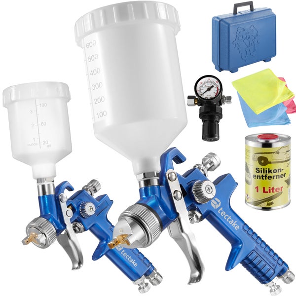 HVLP-Lackierpistolen-Set tectake  inklusive Silikonentferner, Mikrofasertücher und Kunststoffkoffer 0,8 / 1,3 mm-Düse blau