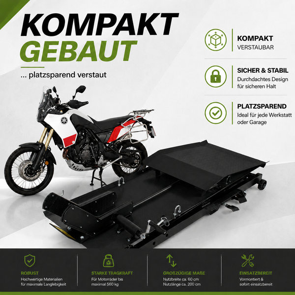 Motorrad-Rangierschiene mit Rampe und Rollen, Tragkraft 560 Kilogramm, Maße circa 60 mal 200 Zentimeter, robust und platzsparend verstaubar.