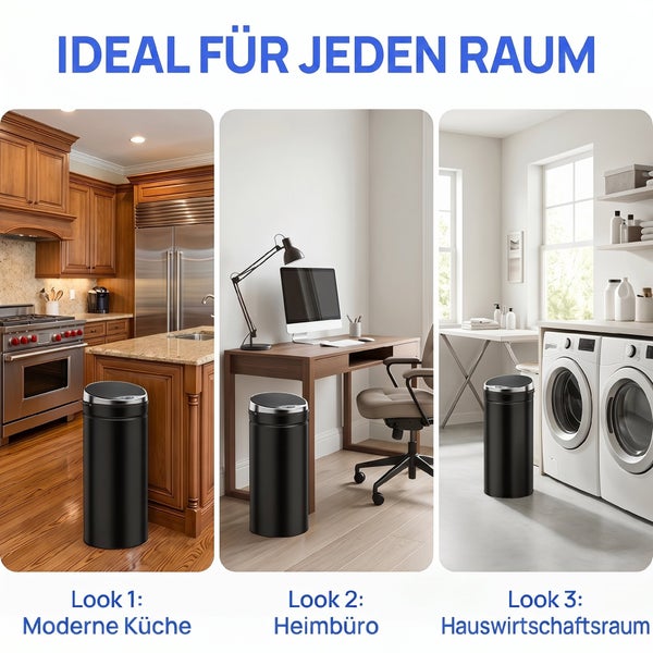 Schwarzer Sensor-Mülleimer in drei verschiedenen Umgebungen: moderne Küche, Heimbüro und Hauswirtschaftsraum.