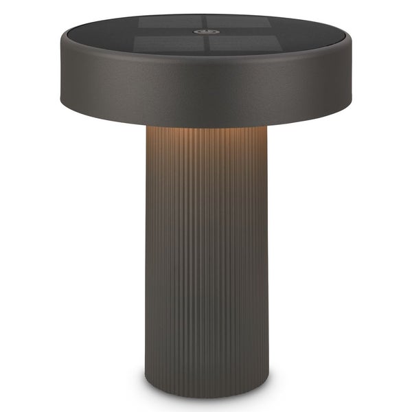 Solarbetriebene LED-Außenleuchte in Anthrazit mit geriffeltem Sockel und Solarpanel auf der Oberseite.