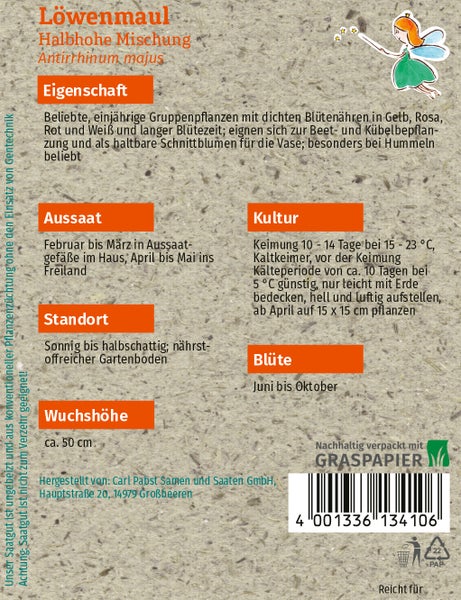 Rückseite der Samentüte für Löwenmaul Halbhohe Mischung mit Infos zu Aussaat, Standort, Wuchshöhe circa 50 Zentimeter und Blütezeit auf Graspapier.