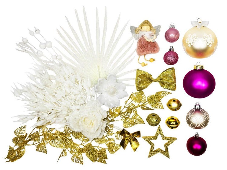Weihnachtsdekoration Set mit Christbaumkugeln, Kunstblumen, Engel und Sternanhänger als festlicher Baumschmuck für die Weihnachtszeit.