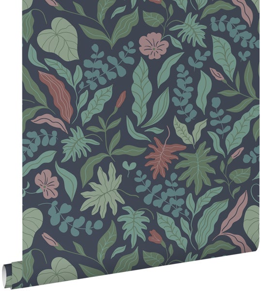 ESTAhome Tapete Blätter und Blumen Dunkelblau, Grün und Rosa - 50 x 900 cm - 131054