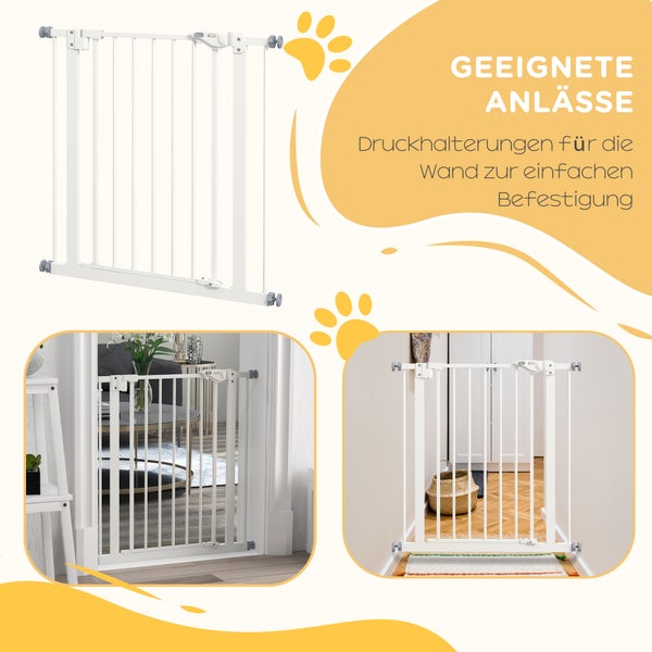 PawHut Türschutzgitter Hunde, Absperrgitter, 74-80 cm, Treppenschutzgitter für Haustier, Hundegitter inkl. verschiedene Verlängerungen, Schutzgitter ohne Bohren, Metall, Kunststoff, Weiß