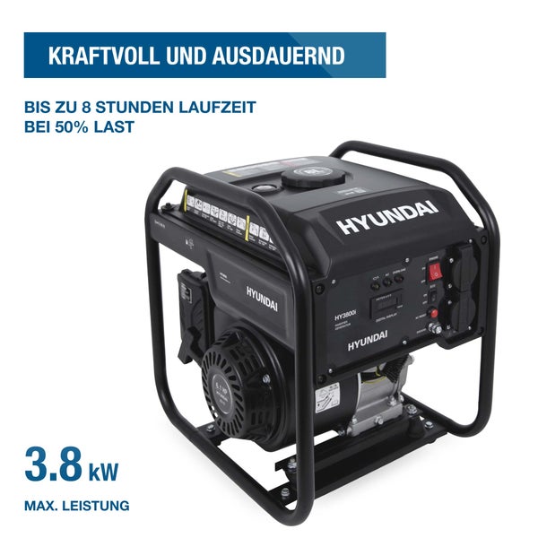 Hyundai Inverter Stromerzeuger HY3800i mit 3.8 Kilowatt maximaler Leistung und bis zu 8 Stunden Laufzeit bei 50 Prozent Last.