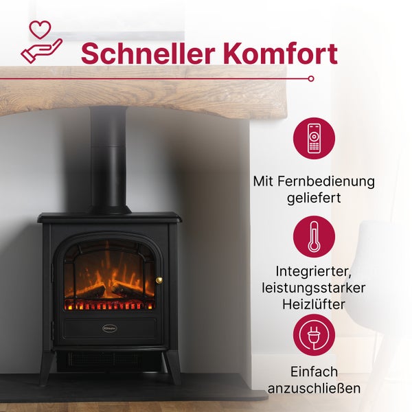 Elektrischer Kaminofen mit Flammeneffekt, Fernbedienung, integriertem Heizlüfter und Netzstecker. Dimplex Logo.