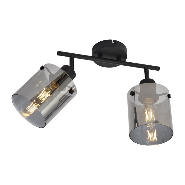 Deckenleuchte mit zwei Lampen, Metallgestell und Glasschirmen