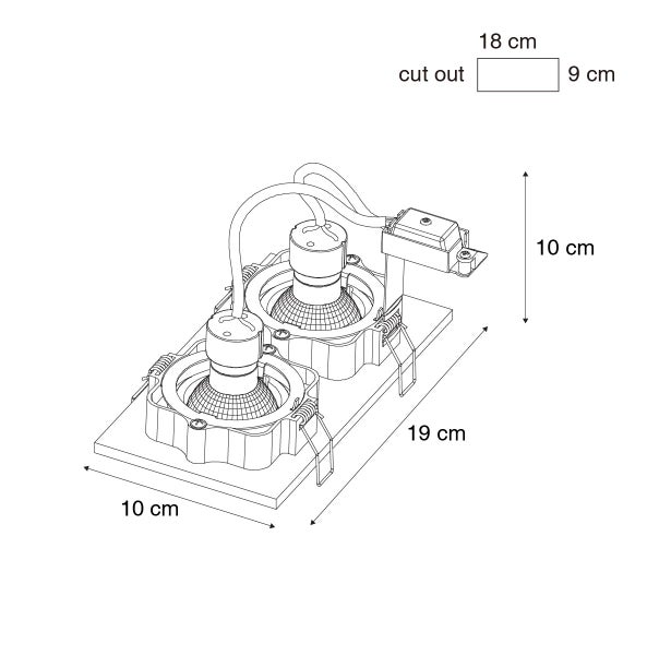 Technische Zeichnung Einbaustrahler zweiflammig, Maße 19 mal 10 Zentimeter, Höhe 10 Zentimeter, Ausschnitt 18 mal 9 Zentimeter.