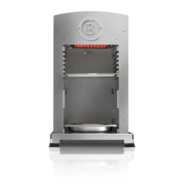 Hochtemperatur-Gasgrill aus Edelstahl mit Beefer Logo, leuchtendem Oberhitze-Brenner, Grillrost und Fettauffangschale.