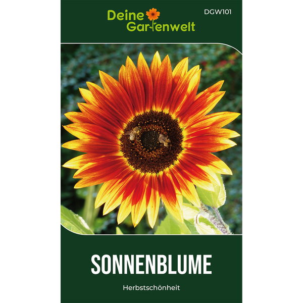 Deine Gartenwelt Logo, Samentüte Sonnenblume Herbstschönheit mit Abbildung einer blühenden Sonnenblume und Bienen.